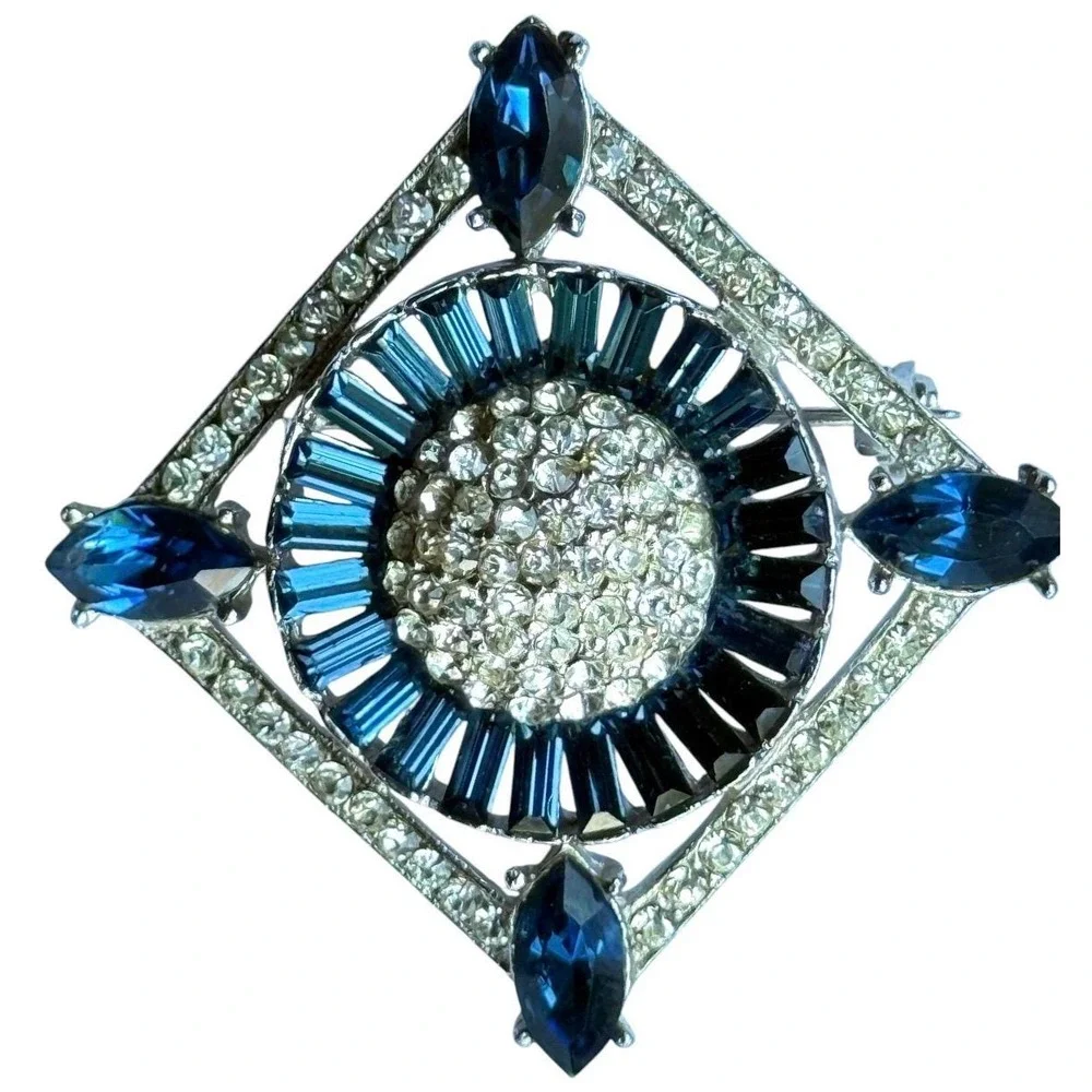 Vintage 1950s Wiesner Sapphire Navette Rhinestone Brooch – Square Pavé Frame